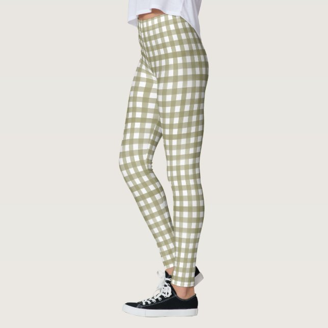 Sage Green Gingham Plaid Patterned Leggings (Left)