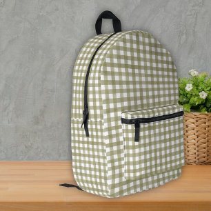 Sage Green Gingham Plaid Patterned Printed Backpack