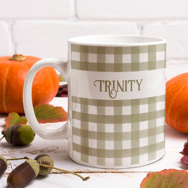 Sage Green Gingham Plaid Personalised Coffee Mug (Creator Uploaded)