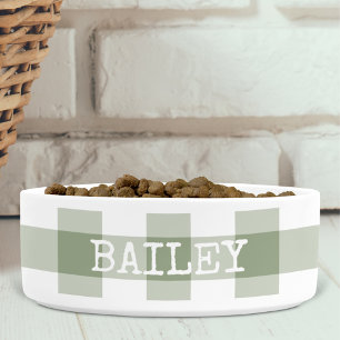 Sage Green Gingham Plaid Personalised Dog Bowl