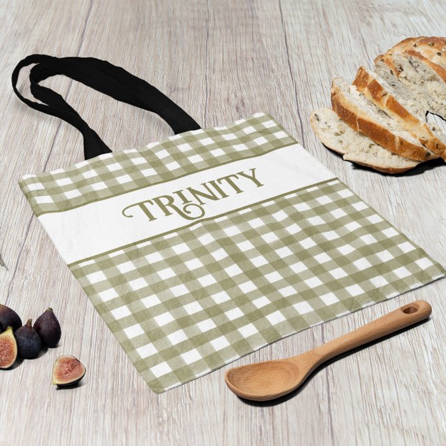 Sage Green Gingham Plaid Personalised Tote Bag (Creator Uploaded)