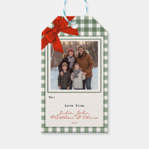 Sage Green Gingham Plaid Photo Christmas Gift Tags