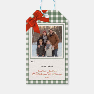 Sage Green Gingham Plaid Photo Christmas Gift Tags