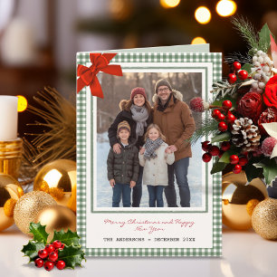 Sage Green Gingham Plaid Photo Christmas Holiday Card