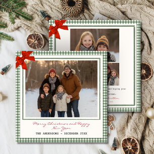 Sage Green Gingham Plaid Square Photo Christmas Holiday Card