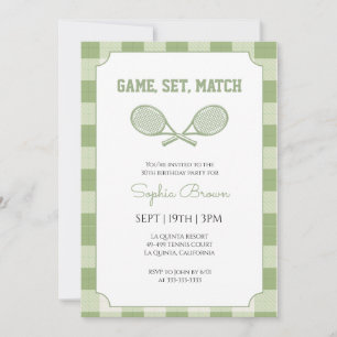 Sage Green Gingham Plaid Tennis Birthday Party Invitation