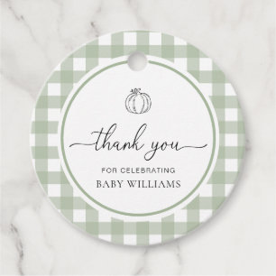 Sage Green Gingham Pumpkin Baby Shower Favour Tags