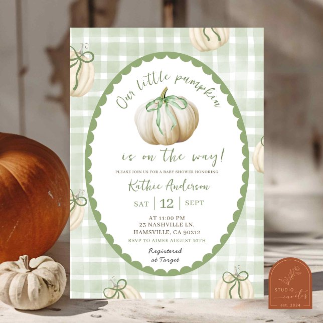 Sage Green Gingham Pumpkin Baby Shower Invitation (Creator Uploaded)