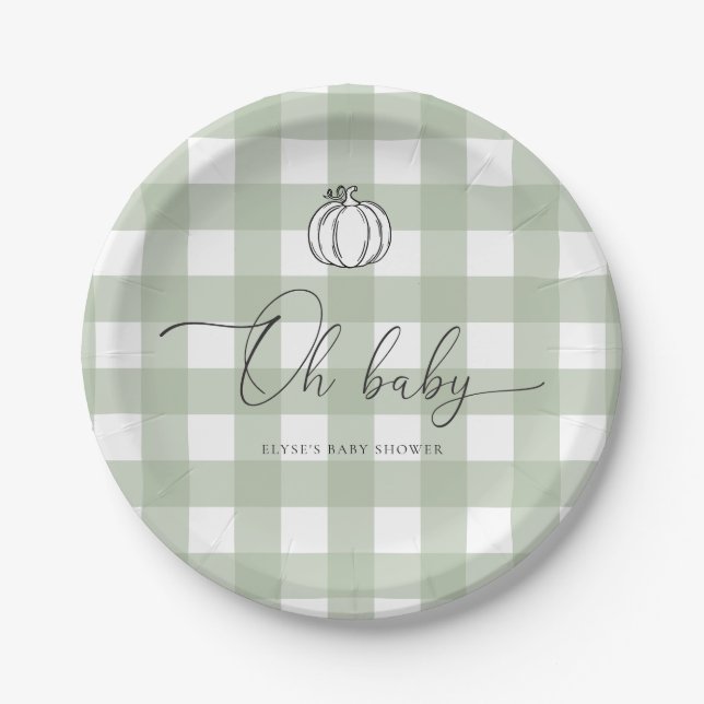 Sage Green Gingham Pumpkin Baby Shower Paper Plate (Front)