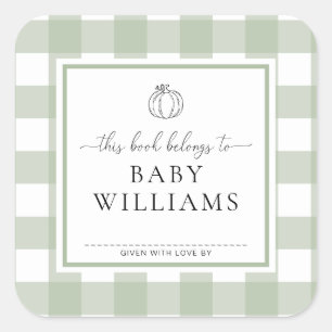 Sage Green Gingham Pumpkin Bookplate Sticker
