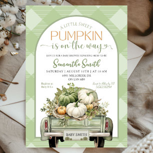 Sage Green Gingham Pumpkin Truck Baby Shower Invitation