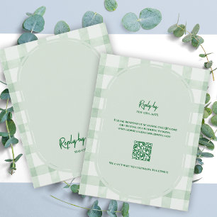 Sage Green Gingham QR Code Wedding RSVP Card