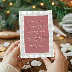 Sage Green Gingham & Rust Red Holiday Party Invitation