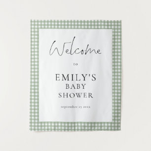 Sage Green Gingham Script Welcome Baby Shower Tapestry