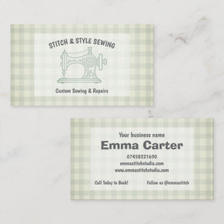 Sage Green Gingham Sewing Machine Seamstress Business Card