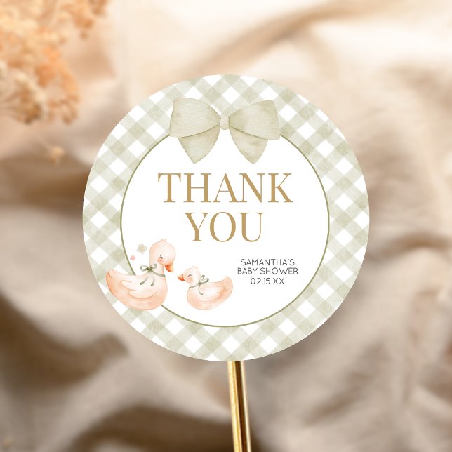 Sage Green Gingham Silly Goose Baby Shower Classic Round Sticker (Silly Goose Baby Shower Sticker)