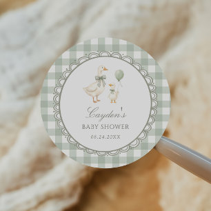 Sage Green Gingham Silly Goose Baby Shower Classic Round Sticker