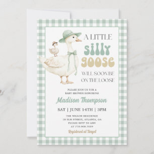 Sage Green Gingham Silly Goose Baby Shower Invitation