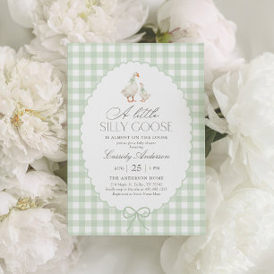 Sage Green Gingham Silly Goose Baby Shower Invitation