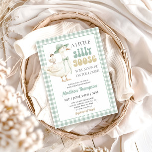 Sage Green Gingham Silly Goose Baby Shower Invitation