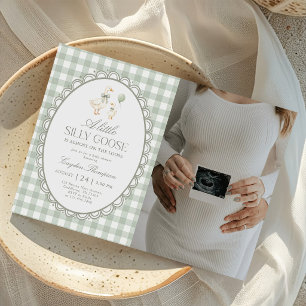 Sage Green Gingham Silly Goose Baby Shower Photo Invitation