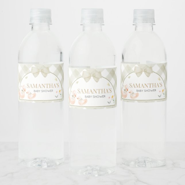 Sage Green Gingham Silly Goose Baby Shower Water Bottle Label (Bottles)