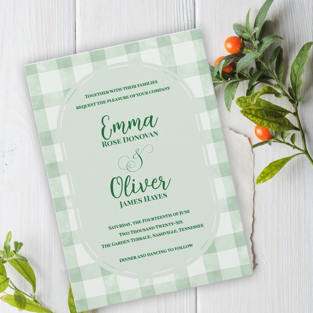 Sage Green Gingham Wedding Garden Party Invitation (Sage Green Gingham Wedding Invitation | Garden Party Wedding Invite )