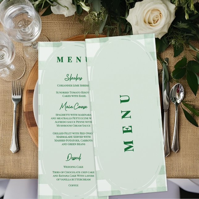 Sage Green Gingham Wedding Reception Dinner Menu (Sage Green Gingham Wedding Menu Card | Garden Party Reception Menu)