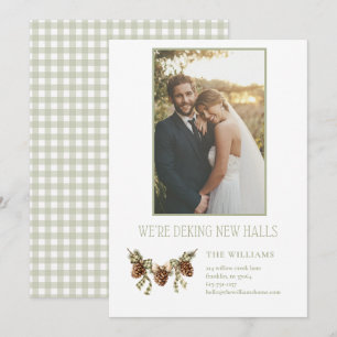 Sage Green Gingham We're Decking New Halls Moving  Holiday Card
