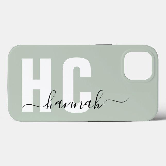 Sage Green Girly Script Monogram Name Case-Mate iPhone Case (Back (Horizontal))