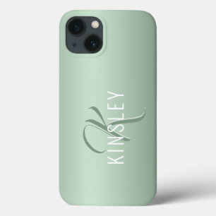 Sage Green Girly Script Monogram Name Modern iPhone 13 Case