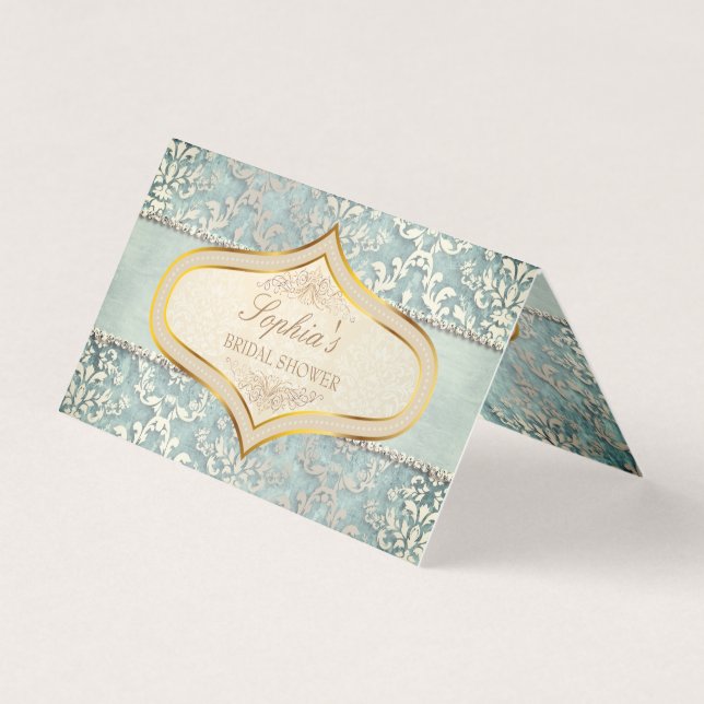 Sage Green Glimmer Damask Wedding Place Card (Front)