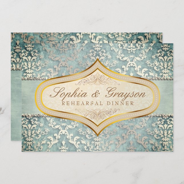 Sage Green Glimmer Damask Wedding Rehearsal Dinner Invitation (Front/Back)