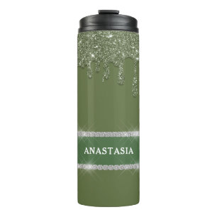 Sage Green Glitter Drip Sparkling Diamond  Thermal Tumbler