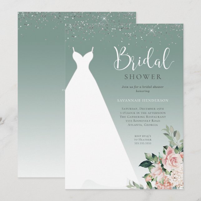 Sage Green Glitter Wedding Dress Bridal Shower Invitation (Front/Back)