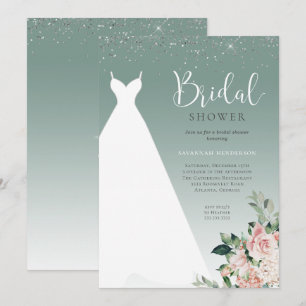 Sage Green Glitter Wedding Dress Bridal Shower Invitation