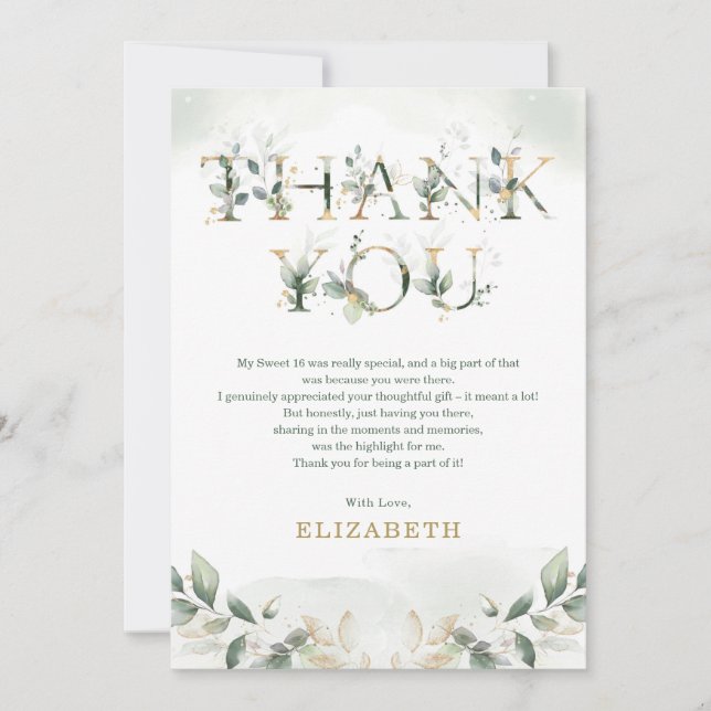 Sage Green Gold 16th Birthday Thank You Card (Front)