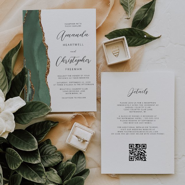 Sage Green Gold Agate QR Code Wedding Invitation (Creator Uploaded)