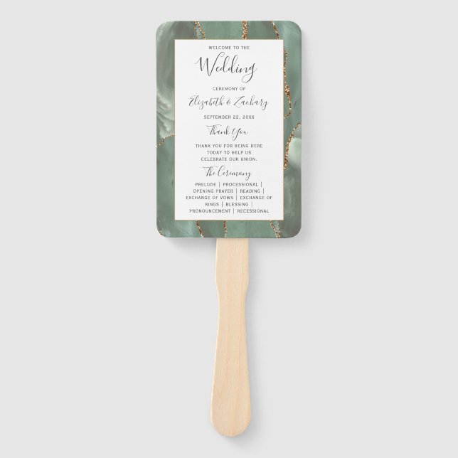 Sage Green Gold Agate Wedding Program Hand Fan (Front)