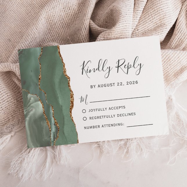 Sage Green Gold Agate Wedding RSVP Card (Creator Uploaded)