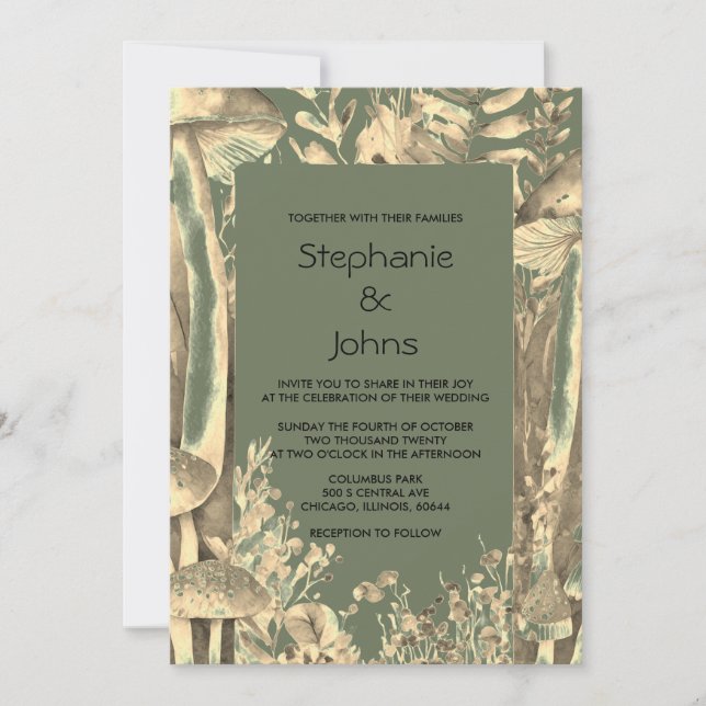 Sage Green Gold Artistic Mushroom Woodland Wedding Invitation (Front)