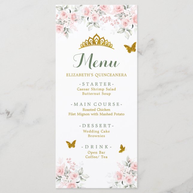Sage Green Gold Blush Floral Butterfly Quinceañera Menu (Front)