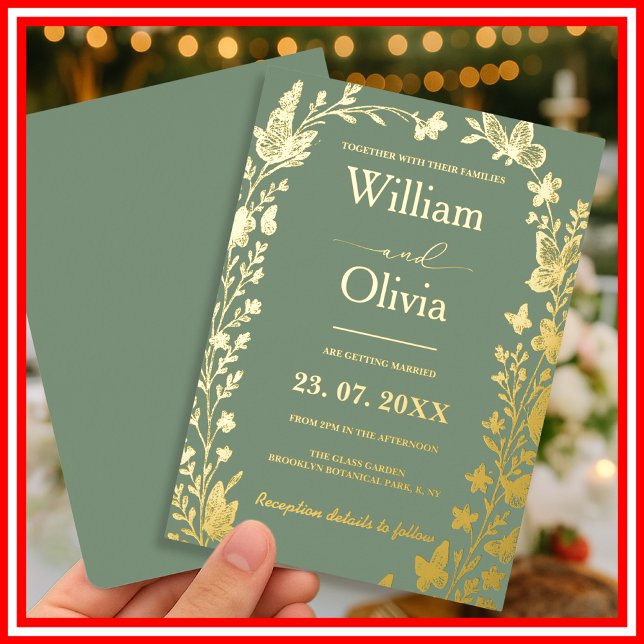 Sage Green Gold Boho Floral Photo Wedding Foil Inv (Creator Uploaded)