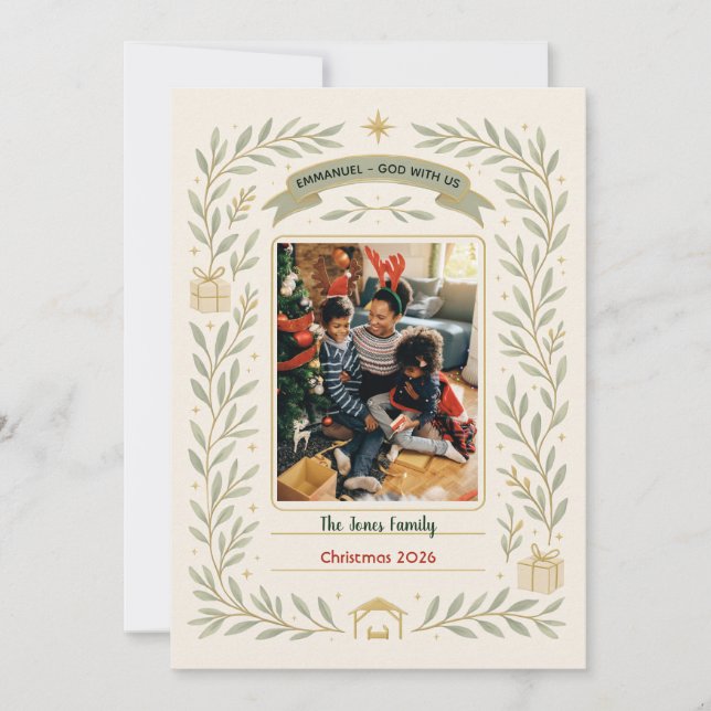 Sage Green Gold Botanical Emmanuel God With Us Holiday Card (Front)
