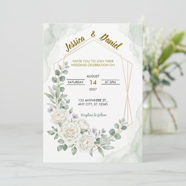 Sage Green Gold Botanical Wedding Invitation (Standing Front)