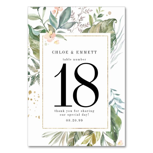 Sage Green Gold Botanical Wedding Table Number (Front)