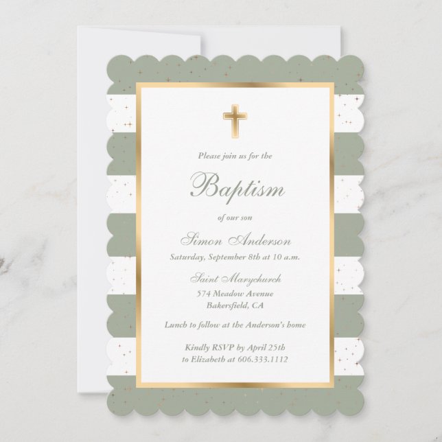 Sage Green Gold Cross Stars Striped Baptism Invitation (Front)