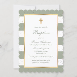 Sage Green Gold Cross Stars Striped Baptism Invitation