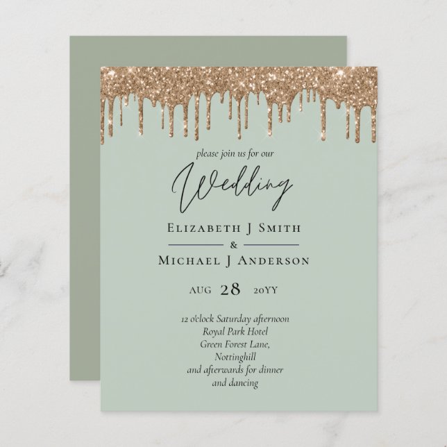 Sage Green Gold Dripping Glitter Wedding Script (Front/Back)