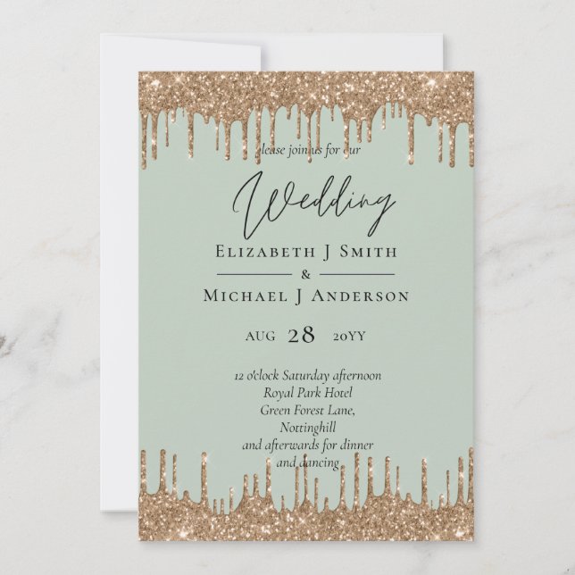 Sage Green Gold Dripping Glitter Wedding Script (Front)